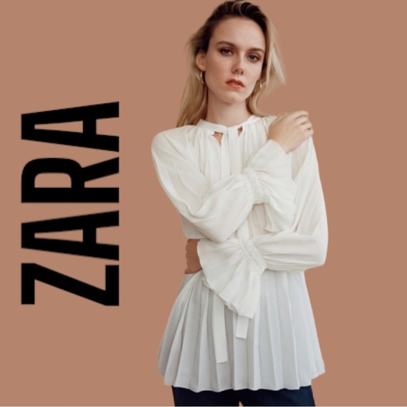 NWT Zara pleated bow white blouse | Blogger Favorite | poet sleeves - Picture 1 of 9
